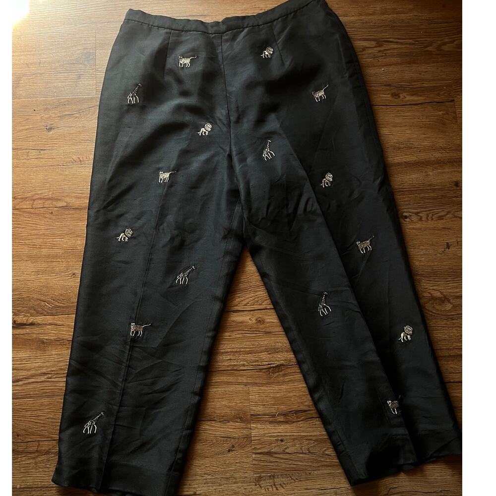 100% Silk Embroidered Black Safari Cropped Zipper Pants